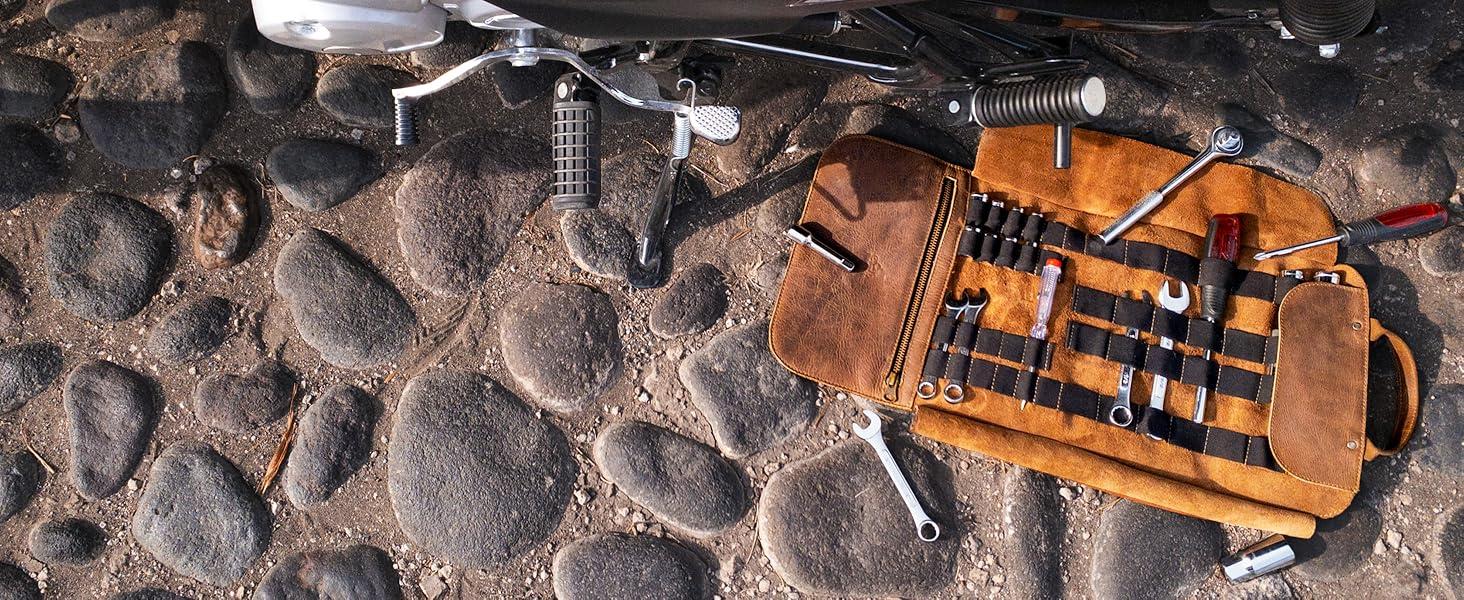 Motorcycle Tool Roll Bag, Leather Wrench Organizer